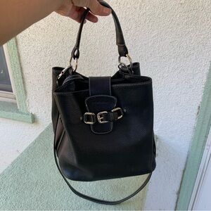 Puntotres Black Pebbled Leather Crossbody Satchel Bucket Handbag Made in Spain